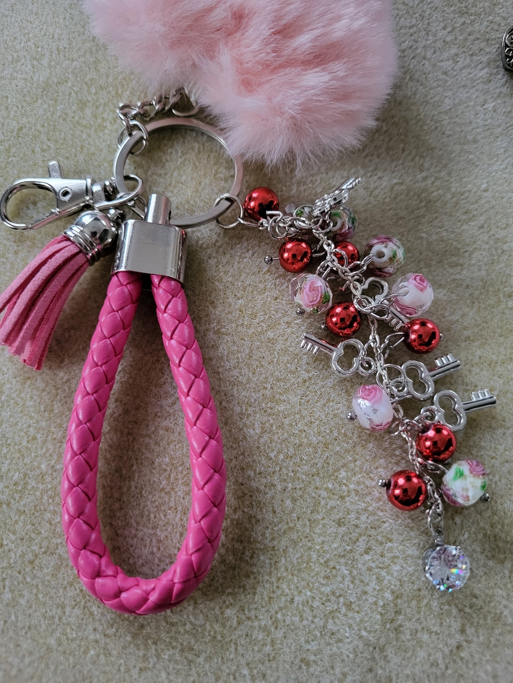 Purse Charm With Leather Finger Loop And Charms In Red,pink